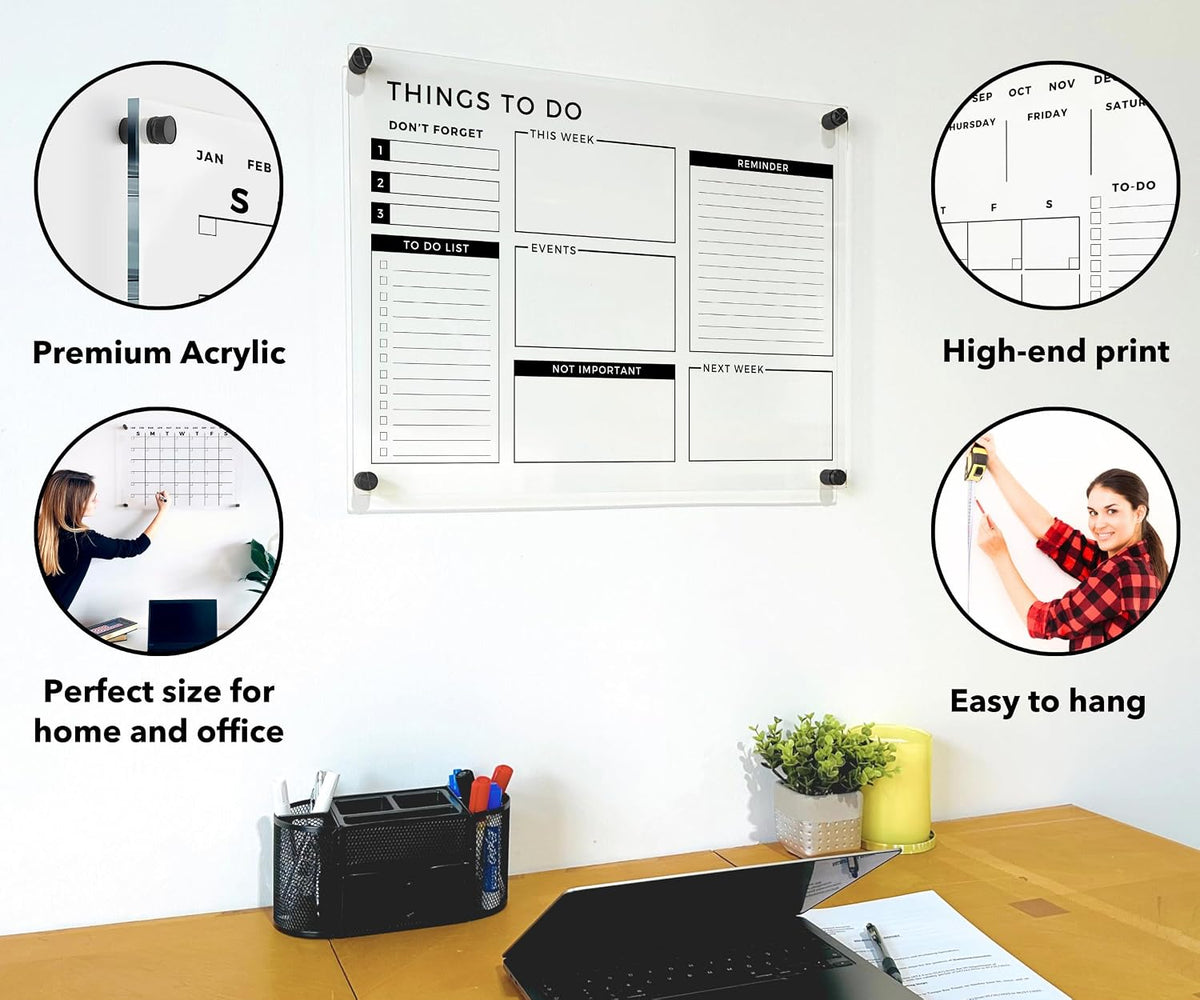 Acrylic Premium Wall Planner - Large Glass Calendar for Wall - to Do List Reminder - Large Dry Erase Board - Reusable Board for Office and Home - Dry Erase Board (18x14'' (Small))