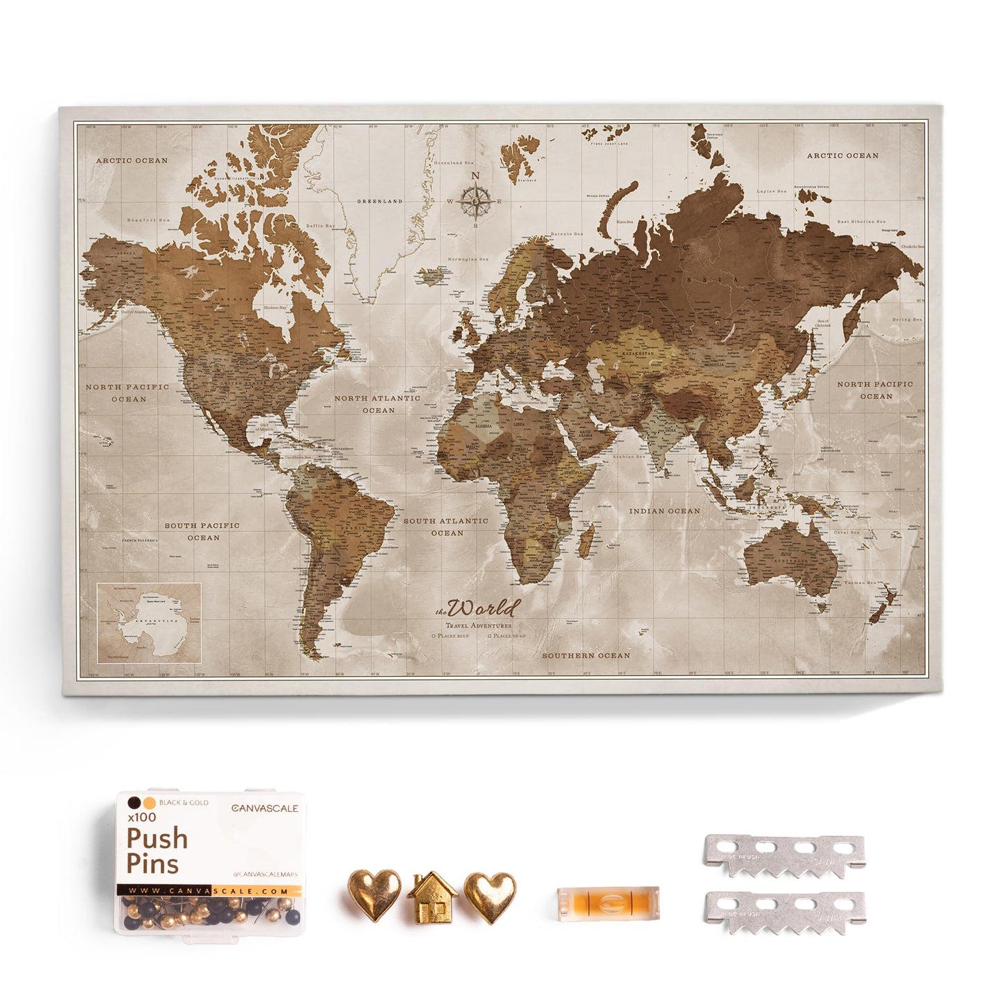 Canvas World Map with Cork Pin Board - English Lettering - Decorative Wall Decoration for All Rooms - Canvas Pictures with World Map Motif (70x50 cm, Pattern 20)