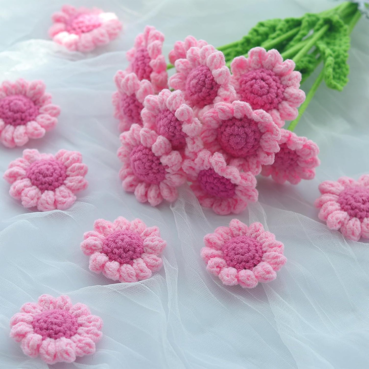 10 PCS Carmine Daisy Heads 2.16", Handmade Flatback for DIY Decor | Soft yarn material with handmade crochet look; flat back no stem; ideal for wreaths, sewing, cards, wedding & party decor