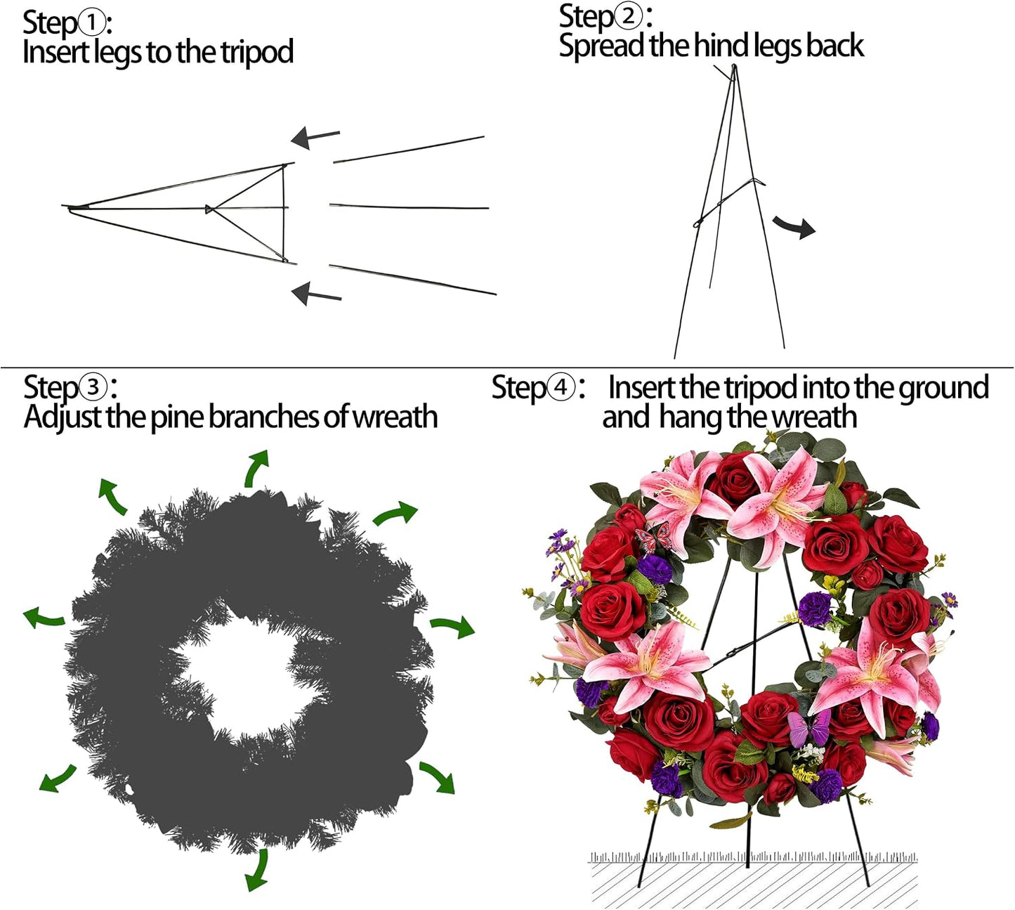 Cemetery Wreaths for Graves with 30 inch Easel Stand,Handmade Headstone Wreath Flower with Hanger, Artificial Rose Lily Daisy and Carnation,Red/Pink