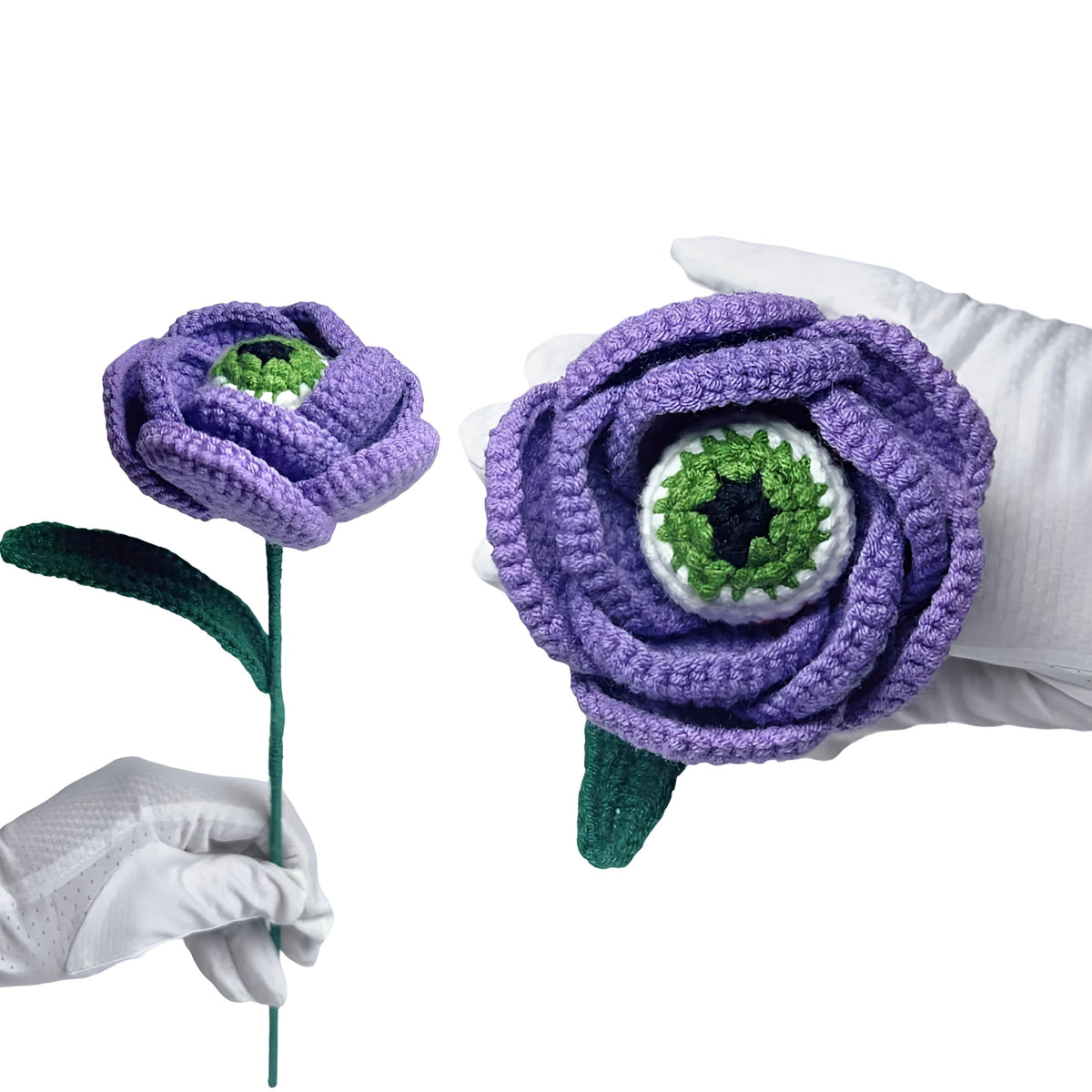 1PC Spooky Crochet Rose Flower with Knitted Evil Eye, Gothic Artificial Flower, Handmade Crochet Gift for Graduation Anniversary Birthday Halloween, Floral Bouquet Décor for Home Office(A-Purple)
