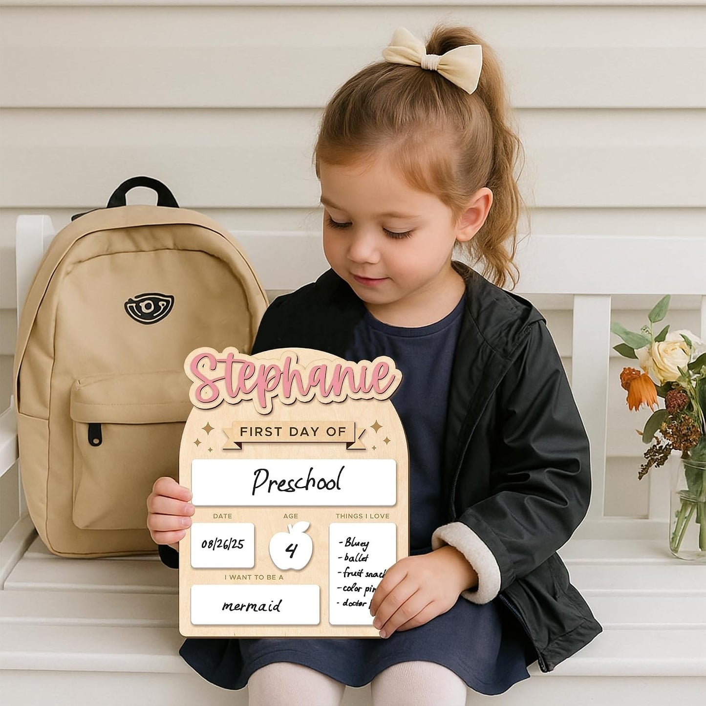 First & Last Day of School Board with Personalized Wood Name, Reusable Dry Erase School Sign for Preschool, Pre-K & Kindergarten, Back to School Keepsake Gift, Includes Marker (D19)