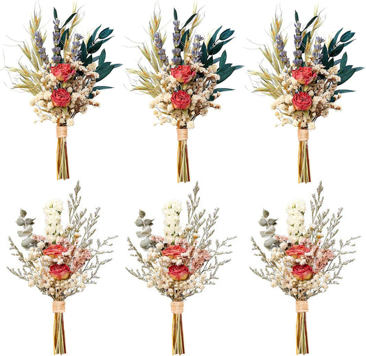 Mini Dried Flower Bouquet Set of 6, Pampas Grass Boho Wedding Table Centerpieces, Boutonniere for Men, Dry Flowers, Personalized Bridesmaid Gift Box, Small Bottles Decoration (Rose)