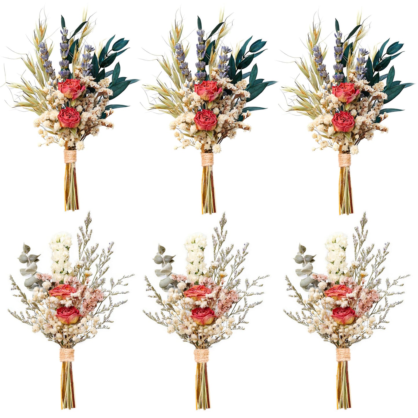 Mini Dried Flower Bouquet Set of 6, Pampas Grass Boho Wedding Table Centerpieces, Boutonniere for Men, Dry Flowers, Personalized Bridesmaid Gift Box, Small Bottles Decoration (Rose)