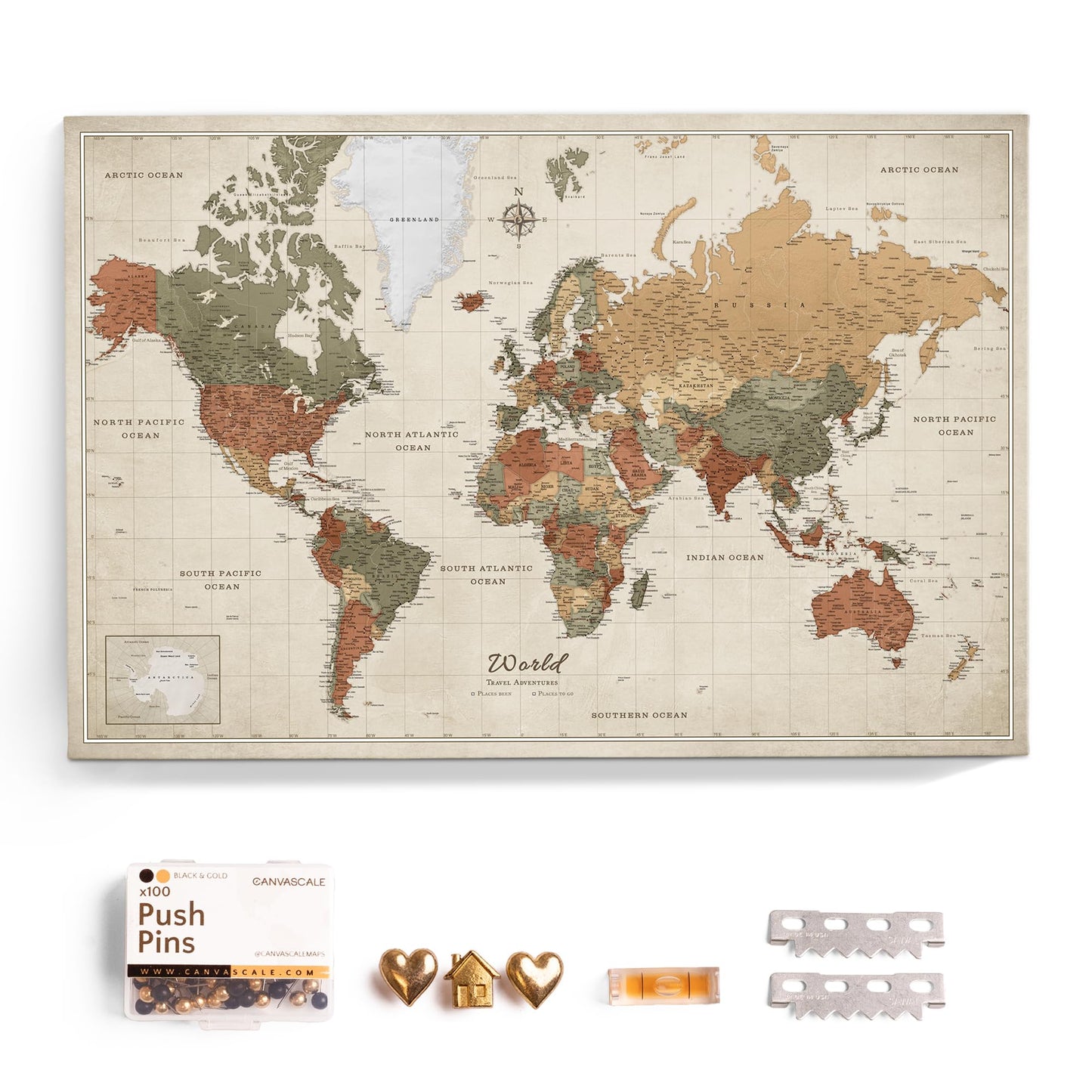 Canvas World Map with Cork Pin Board - English Lettering - Decorative Wall Decoration for All Rooms - Canvas Pictures with World Map Motif (70x50 cm, Pattern 20)