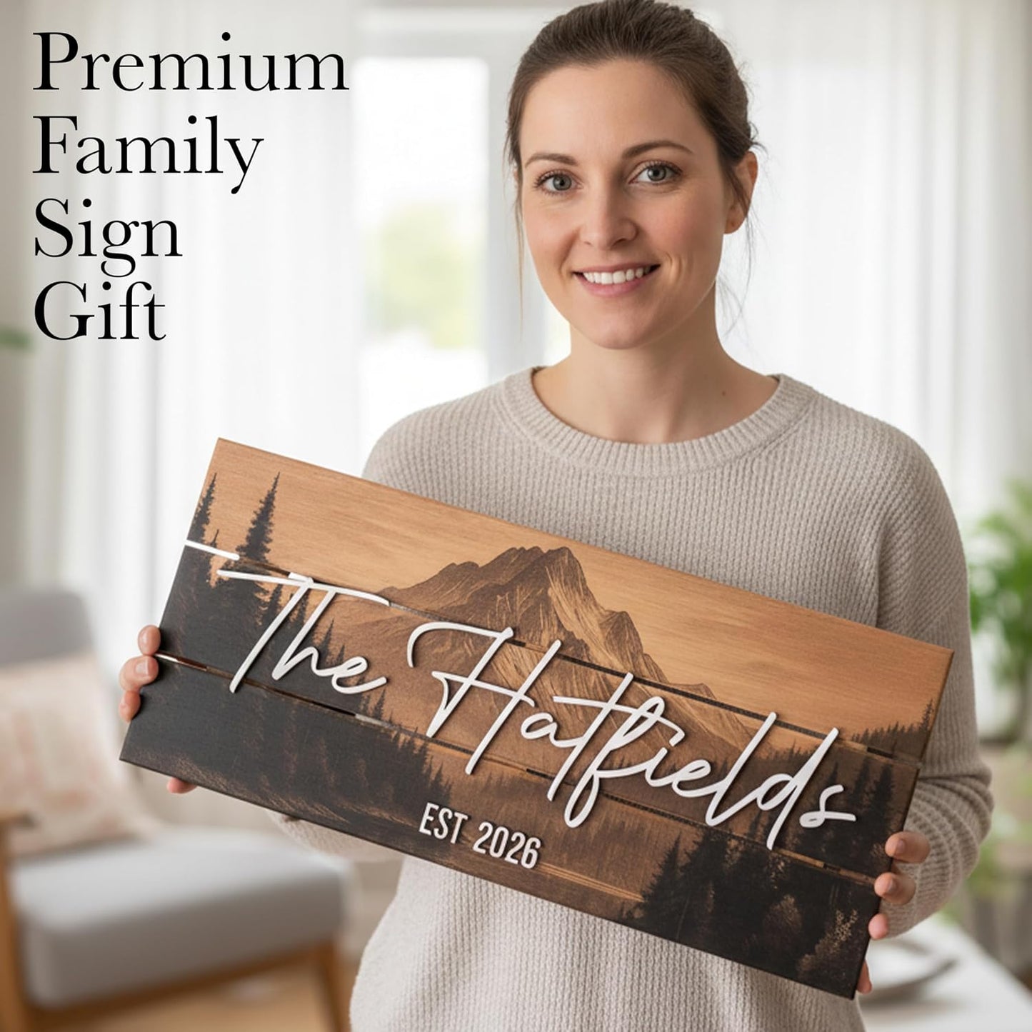 Custom Mountain Family Name Sign - Rustic Wood Wall Decor, Personalized Wedding & Gift for Couples Anniversary, Housewarming Gift for New Home 23x10" (Standard Size)