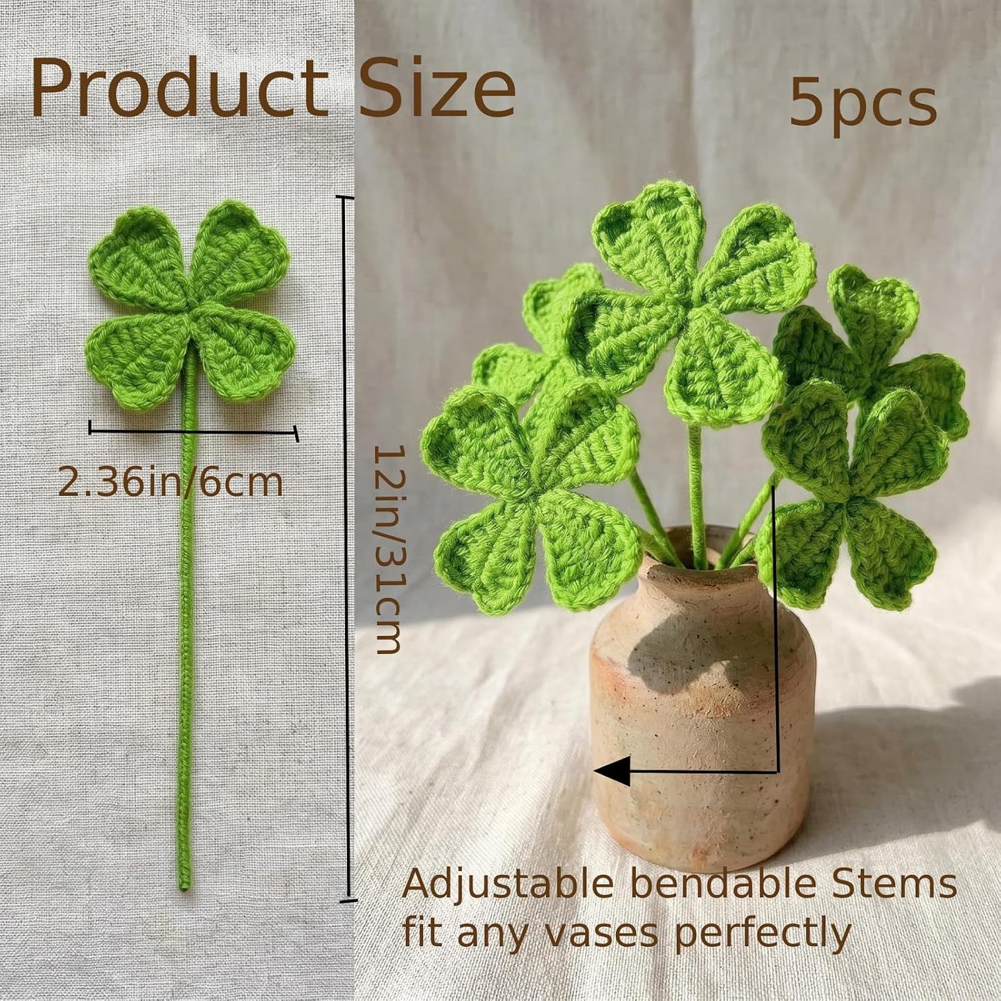 5Pcs Handmade Crochet Four Leaf Clover Bendable Non-Wilt Lucky Decor | 100%Handcraft, Tight Stitches, Shape Clovers Freely, Good Luck Gifts for Friends/Family, Lucky Clover Irish Blessing Decor