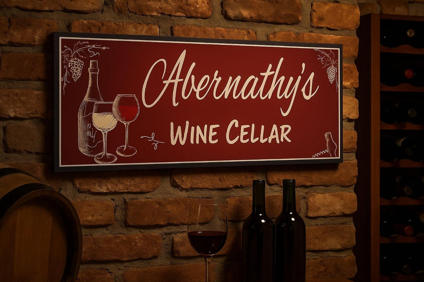 Personalized Wine Cellar Wall Art – Custom Red Chalkboard Style Sign with Wine Bottle & Glass Graphics, Grape Accents, Editable Text for Home or Bar