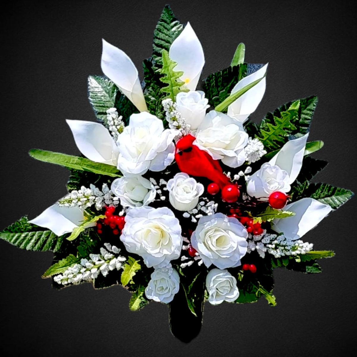 Realistic Artificial Cemetery Flowers - Silk Faux Floral Cream Rose and Calla Lily with Red Bird and Berries - Bouquet for Grave - Headstone Decoration - Memorial Flowers