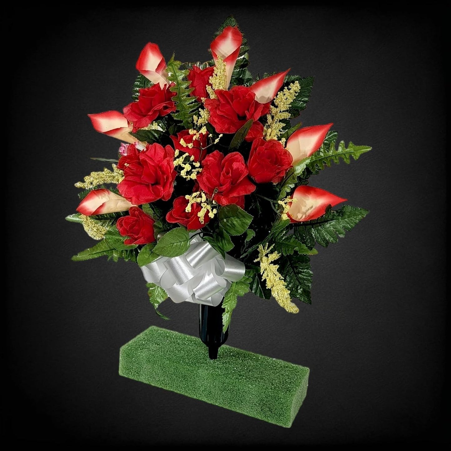 Realistic Artificial Cemetery Flowers - Silk Faux Floral Red Rose and Calla Lily Bouquet for Grave - Headstone Decoration - Memorial Flowers