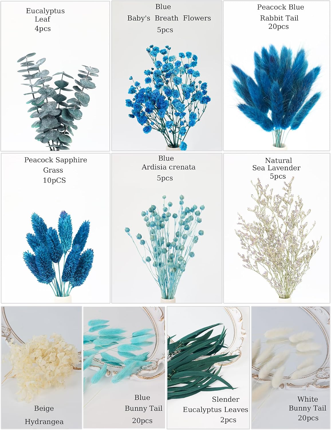 xin's convey DIY Natural Preserved Flower Kit, Wholesale Preserved Flowers for Vases, Preserved Flowers with Stems, Mini Bouquets, Hydrangeas, Eucalyptus Leaves. (Blue)