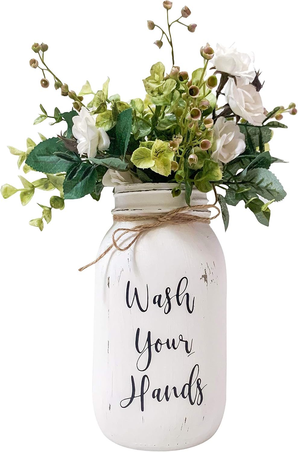 Viva's Flower Shop Wash Your Hands Decor for Bathroom | Quart 32 oz, 10" Height | Hand Painted and Distressed Mason Jar Decor with Artificial Flowers | Rustic Farmhouse Bathroom Decorations