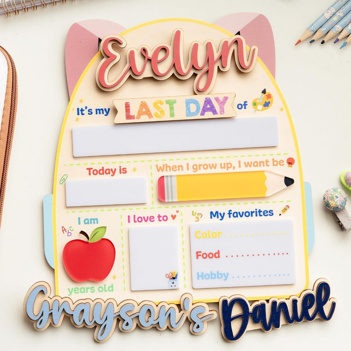 Personalized First Day of School Board with Custom Name, Reusable First & Last Day School Milestone Sign, Dry Erase Photo Board for Preschool, Pre-K, Kindergarten, Includes Marker (D23)