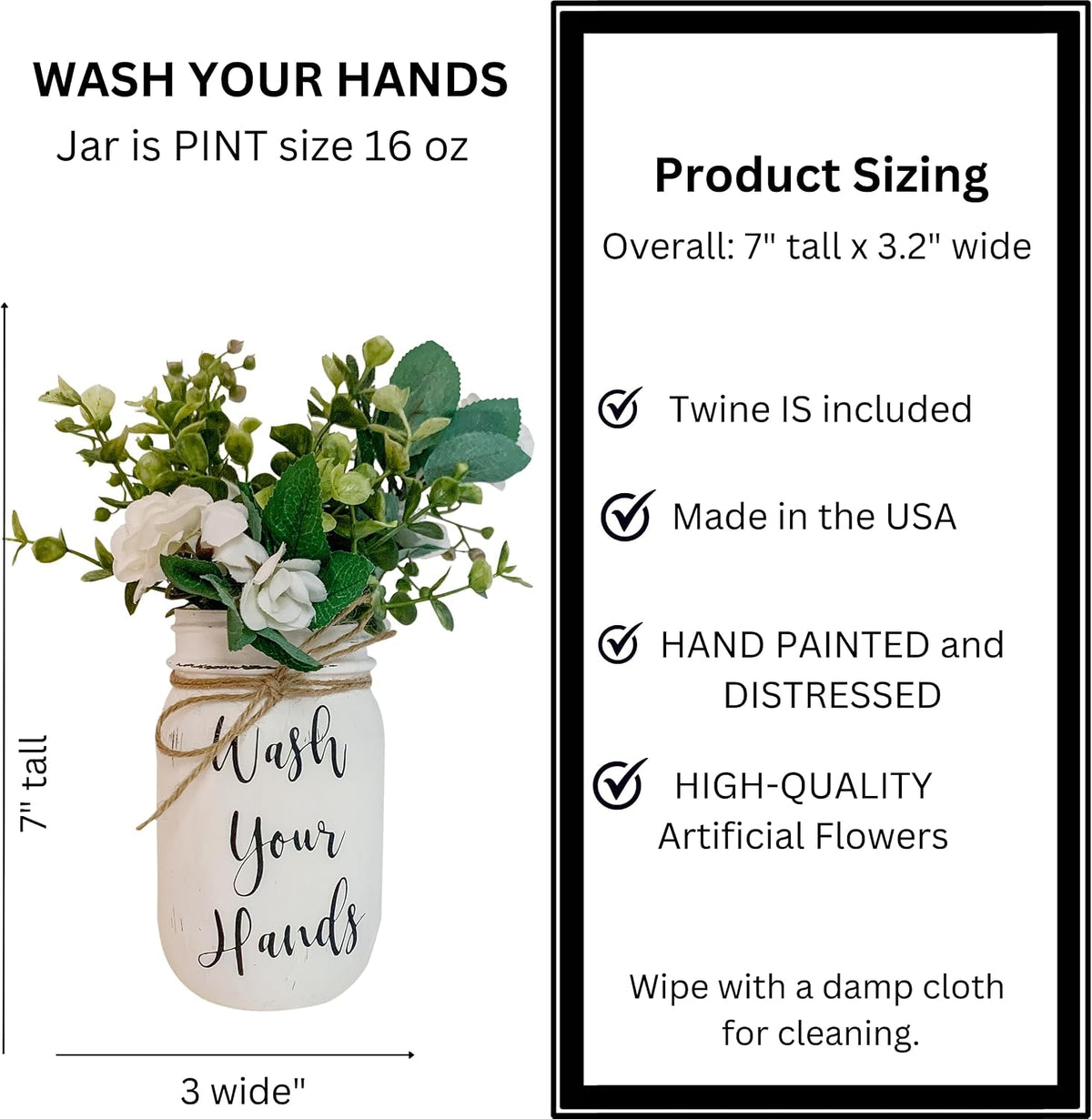 Wash Your Hands Mason Jar, Hand Painted and Distressed Mason Jar Decor, Pint 16 oz. Regular Mouth, Artificial Flower Arrangement for Bathroom, Rustic Farmhouse Bathroom Decor for Shelf
