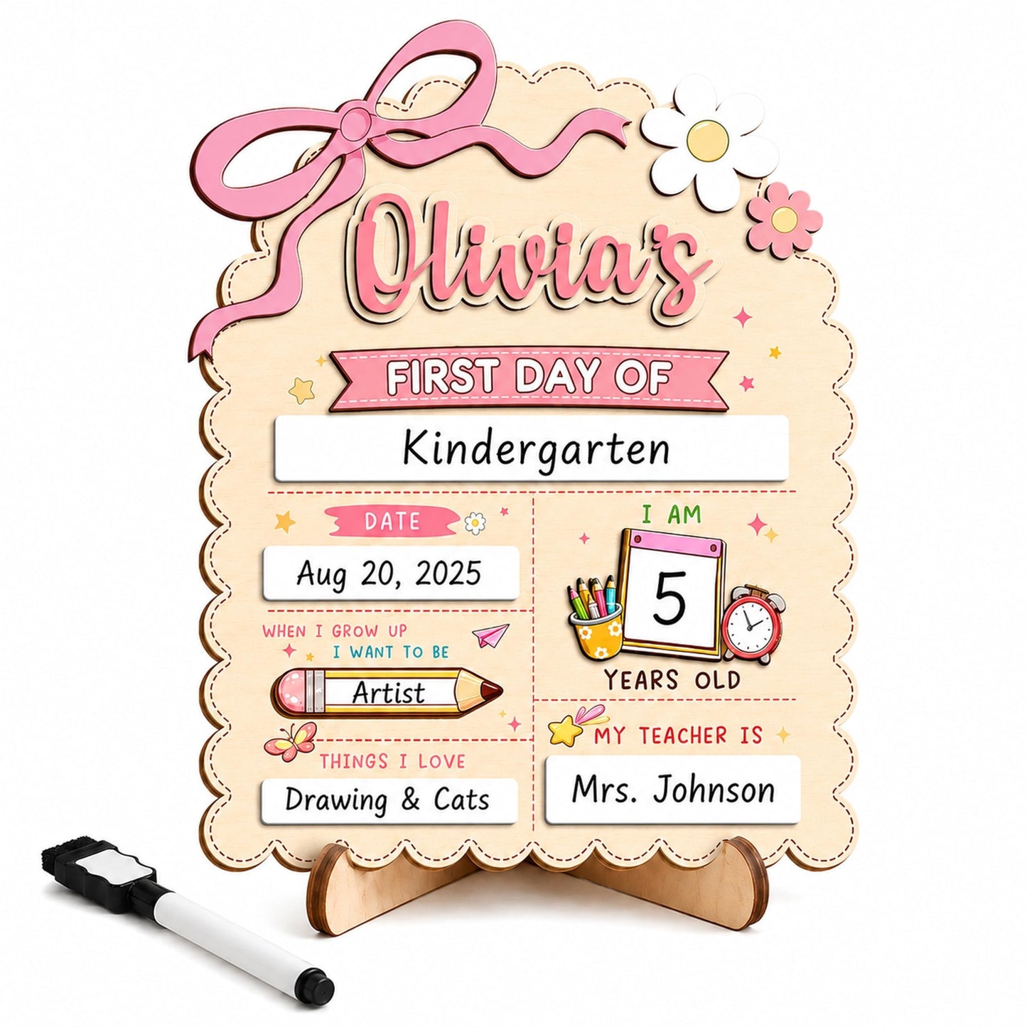 First & Last Day of School Board with Personalized Wood Name, Reusable Dry Erase School Sign for Preschool, Pre-K & Kindergarten, Back to School Keepsake Gift, Includes Marker (D19)
