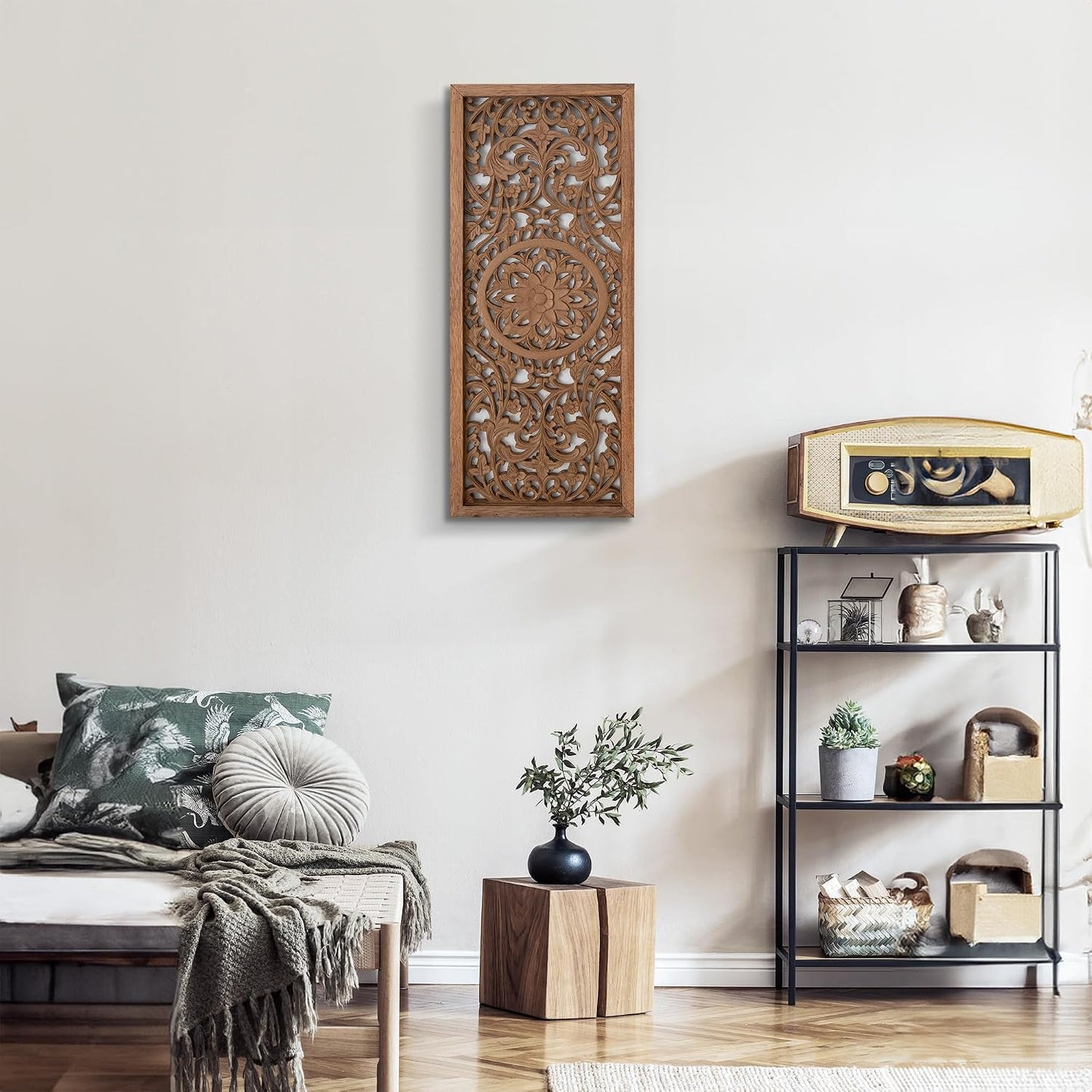 Amara Boho Carved Wood Wall Art, Handmade in Bali Mandala Panel Decor, Natural Brown Vertical Farmhouse Wall Hanging Accent, 39 x 16 in