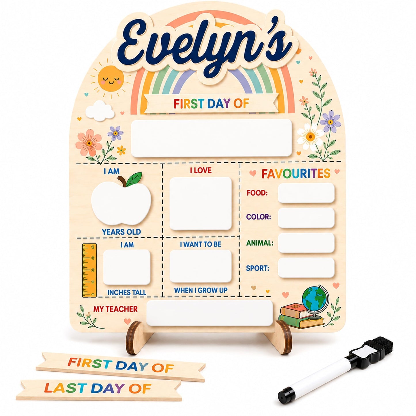 Personalized School Milestone Board, First & Last Day of School Sign with Custom Wooden Name, Reusable Dry Erase Board for Preschool, Kindergarten, Elementary Kids, 8x10/10x12 (D20)