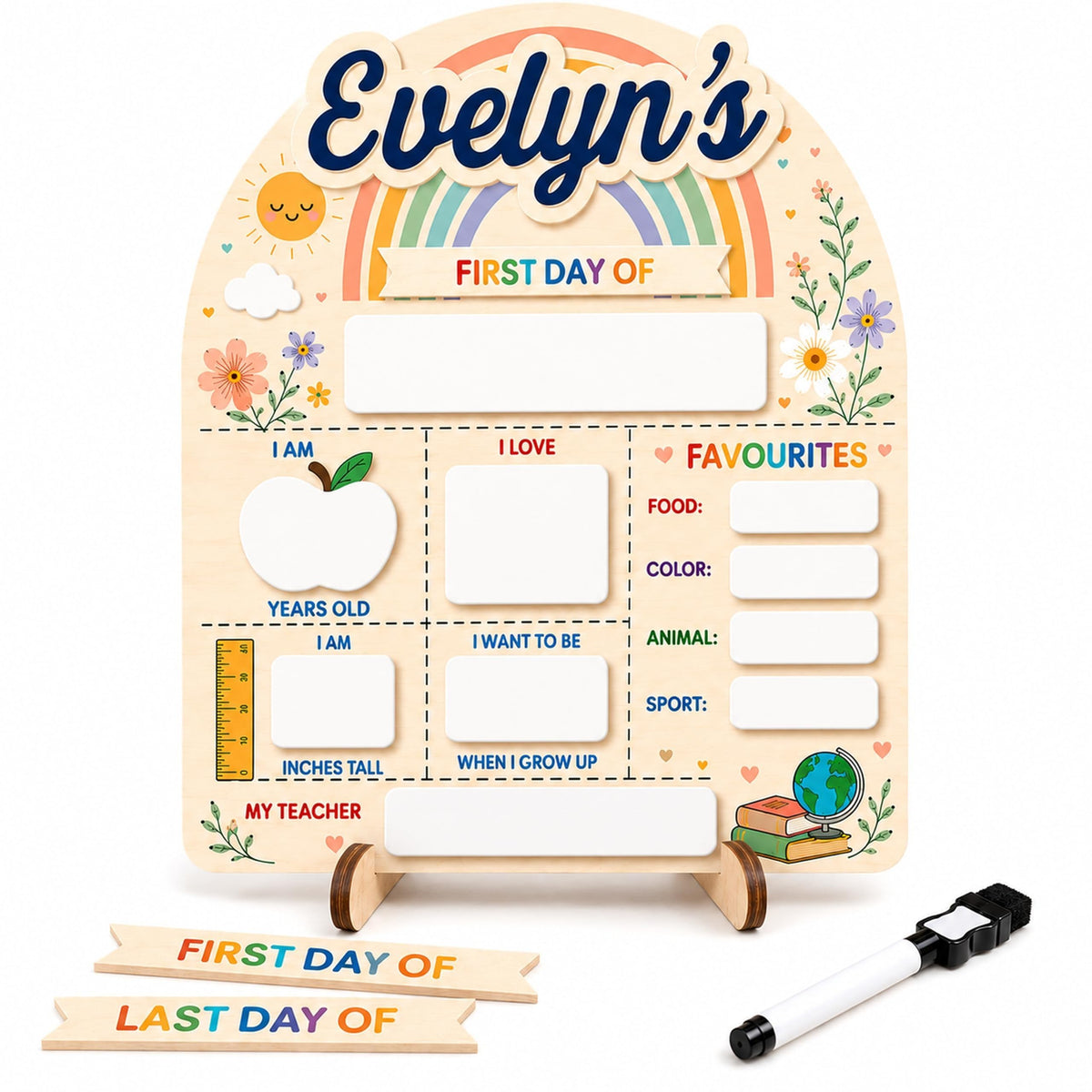 First & Last Day of School Board with Personalized Wood Name, Reusable Dry Erase School Sign for Preschool, Pre-K & Kindergarten, Back to School Keepsake Gift, Includes Marker (D19)