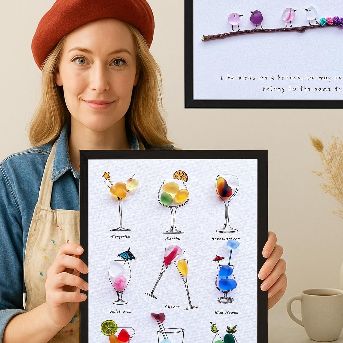 MEAKEO Sea Glass Birds Wall Art with Frame,Handmade Seaglass Rainbow Birds,Decorative Branch and Dried Flowers Accents,Sea Glass Friendship Gift for Home Decor,and Gift Ideas