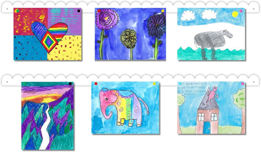 Scalloped Magnetic Art Display for Kids Artwork & Photos (Set of 2) – Kids Artwork Display for Wall – Magnetic Photo Display Strips with Push-Pin Magnets (White, 35in)