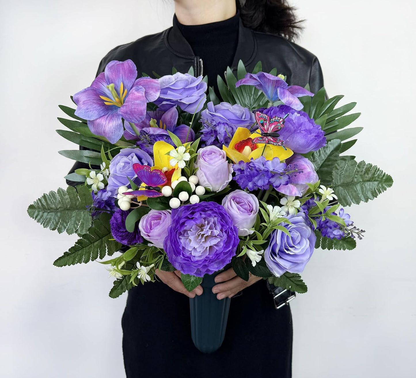 Artificial Cemetery Flowers for Grave,Memorial Flowers Bouquet with Vase for Headstones Decoration,Purple Rose Hibiscus Cymbidium Berry