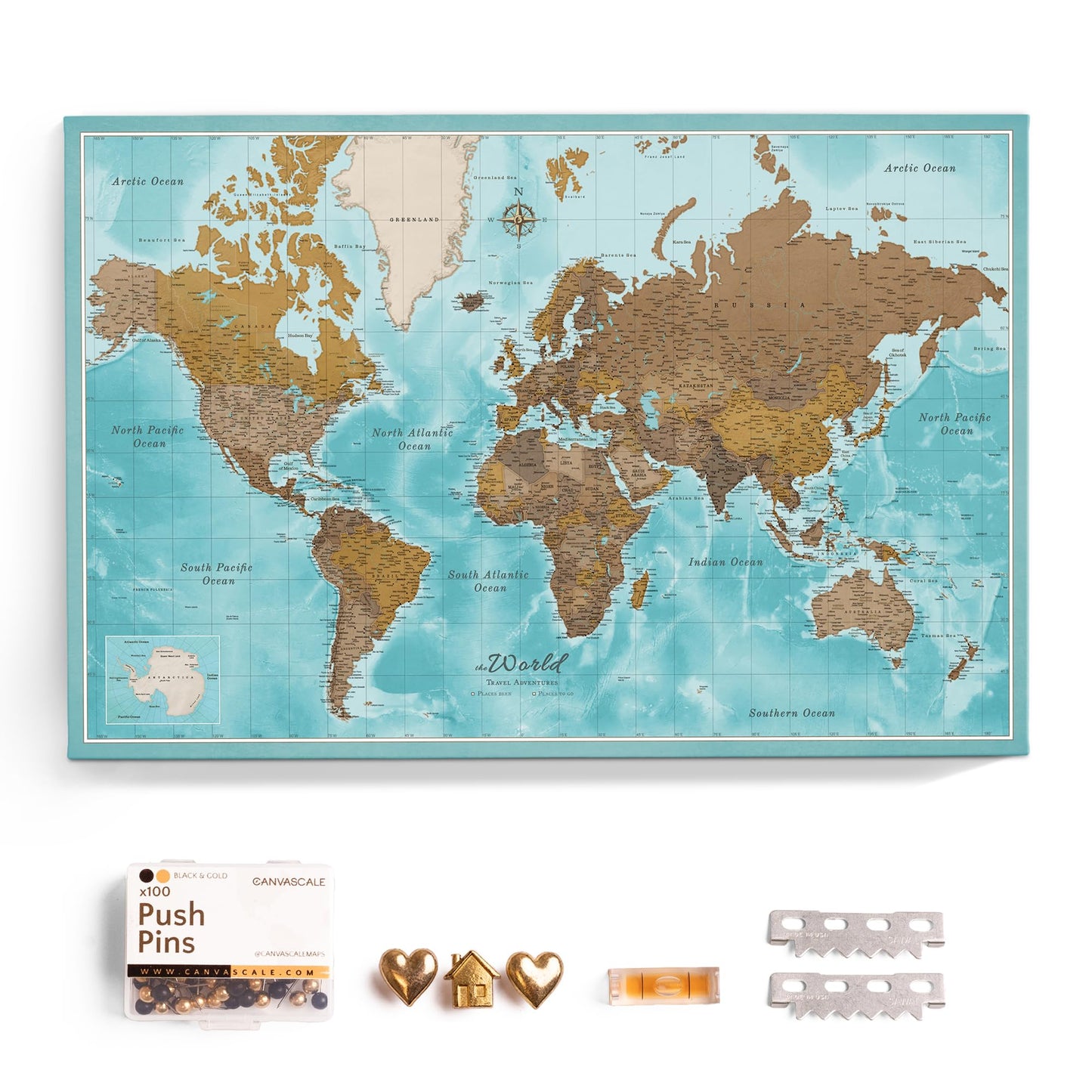 Canvas World Map with Cork Pin Board - English Lettering - Decorative Wall Decoration for All Rooms - Canvas Pictures with World Map Motif (70x50 cm, Pattern 20)