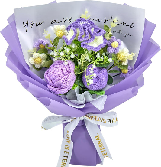 Crochet Flowers, Crochet Flower Bouquet with Purple Rose, Tulips, Carnation,Forever Flowers Gift for Mom, Mother’s Day Birthday Graduation Gift,Include Card