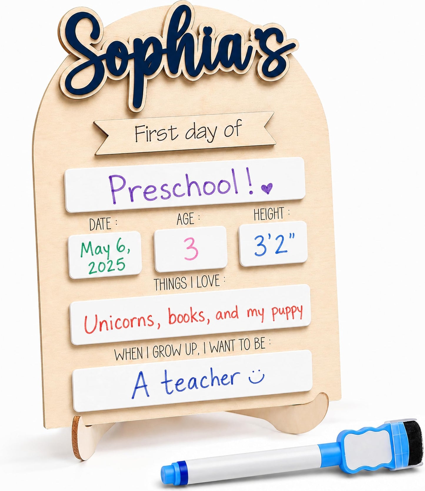 First & Last Day of School Board with Personalized Wood Name, Reusable Dry Erase School Sign for Preschool, Pre-K & Kindergarten, Back to School Keepsake Gift, Includes Marker (D19)