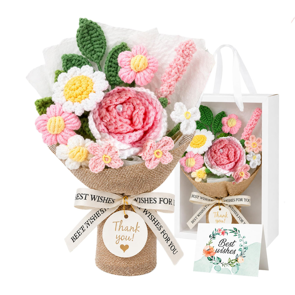 Crochet Flowers Bouquet,Blue Handmade Knitted Bouquet with Gift Box | Crochet Rose Bouquet Gift for Mom Teacher Nurse, Thank You Birthday Graduation Home Desk Decor