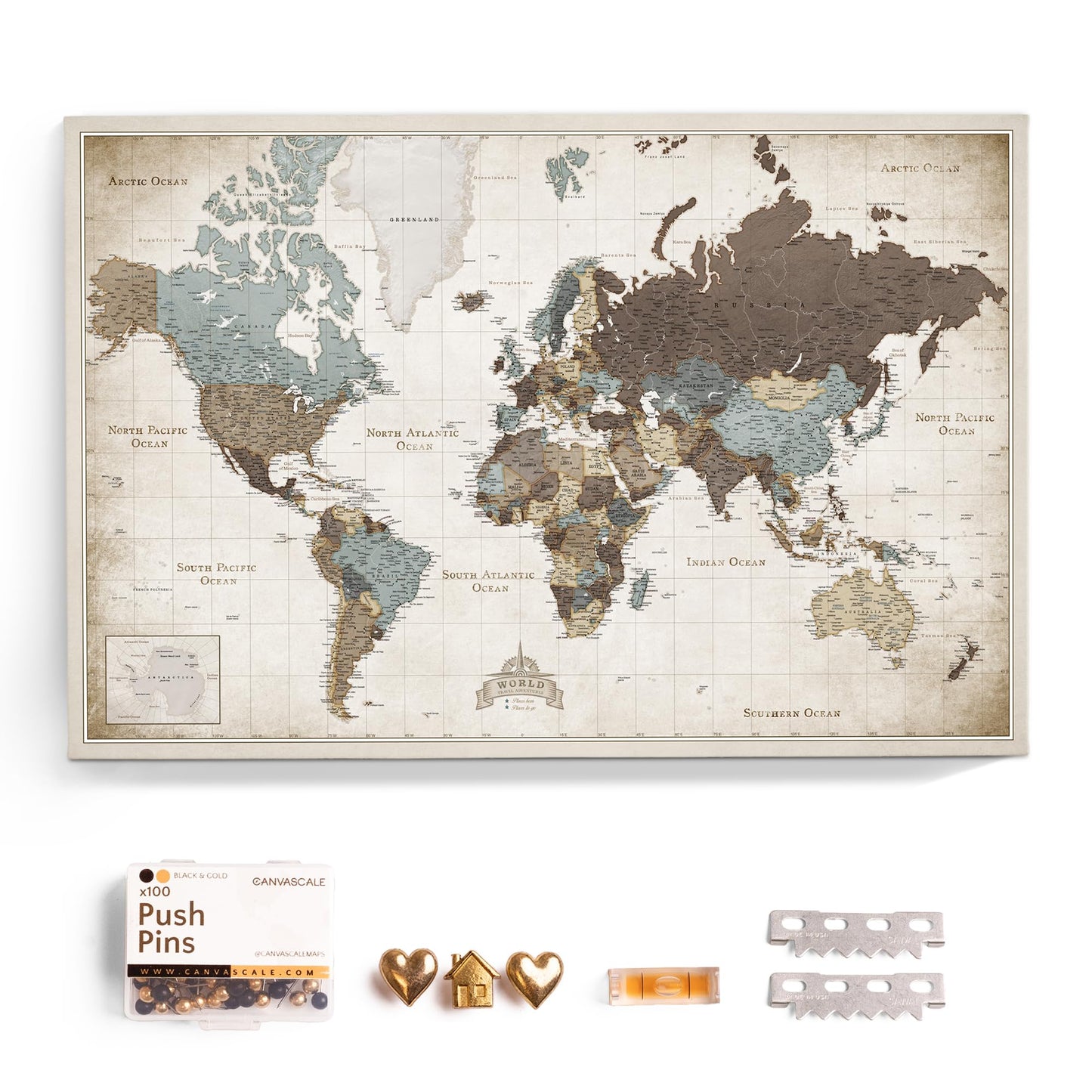Canvas World Map with Cork Pin Board - English Lettering - Decorative Wall Decoration for All Rooms - Canvas Pictures with World Map Motif (70x50 cm, Pattern 20)