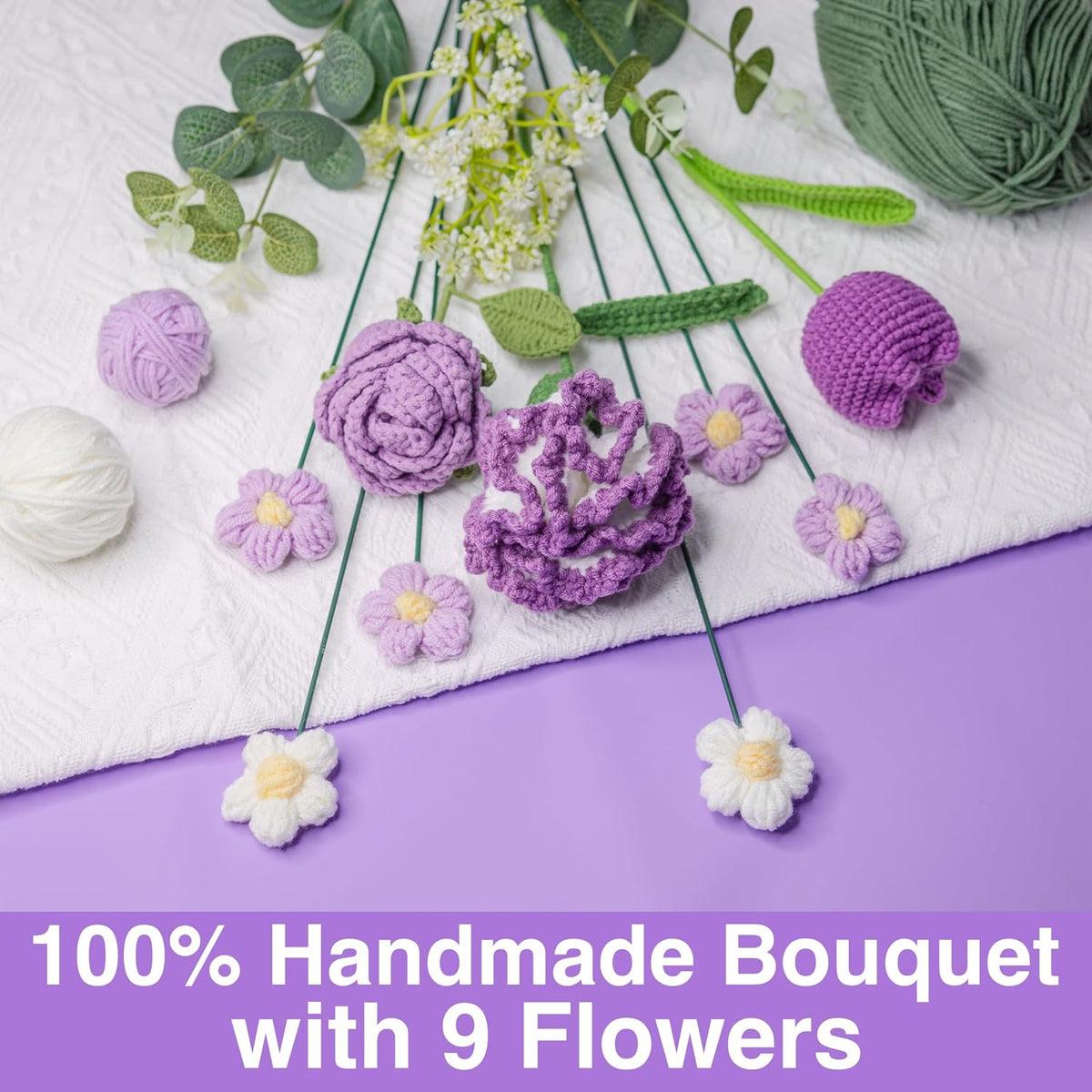Crochet Flowers, Crochet Flower Bouquet with Purple Rose, Tulips, Carnation,Forever Flowers Gift for Mom, Mother’s Day Birthday Graduation Gift,Include Card