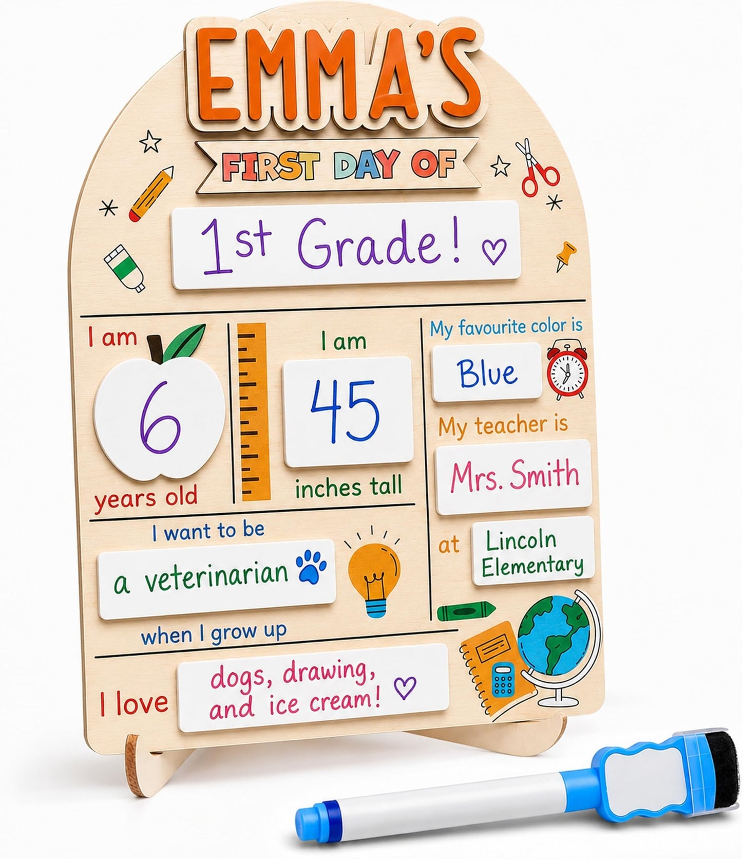 Personalized First Day of School Board with Custom Name, Reusable First & Last Day School Milestone Sign, Dry Erase Photo Board for Preschool, Pre-K, Kindergarten, Includes Marker (D23)
