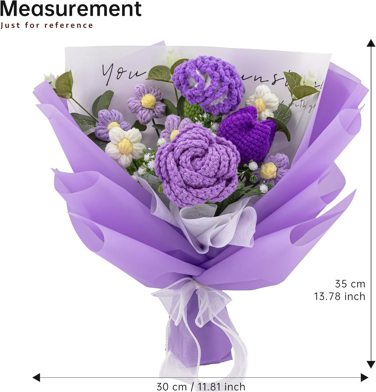 Crochet Flowers, Crochet Flower Bouquet with Purple Rose, Tulips, Carnation,Forever Flowers Gift for Mom, Mother’s Day Birthday Graduation Gift,Include Card