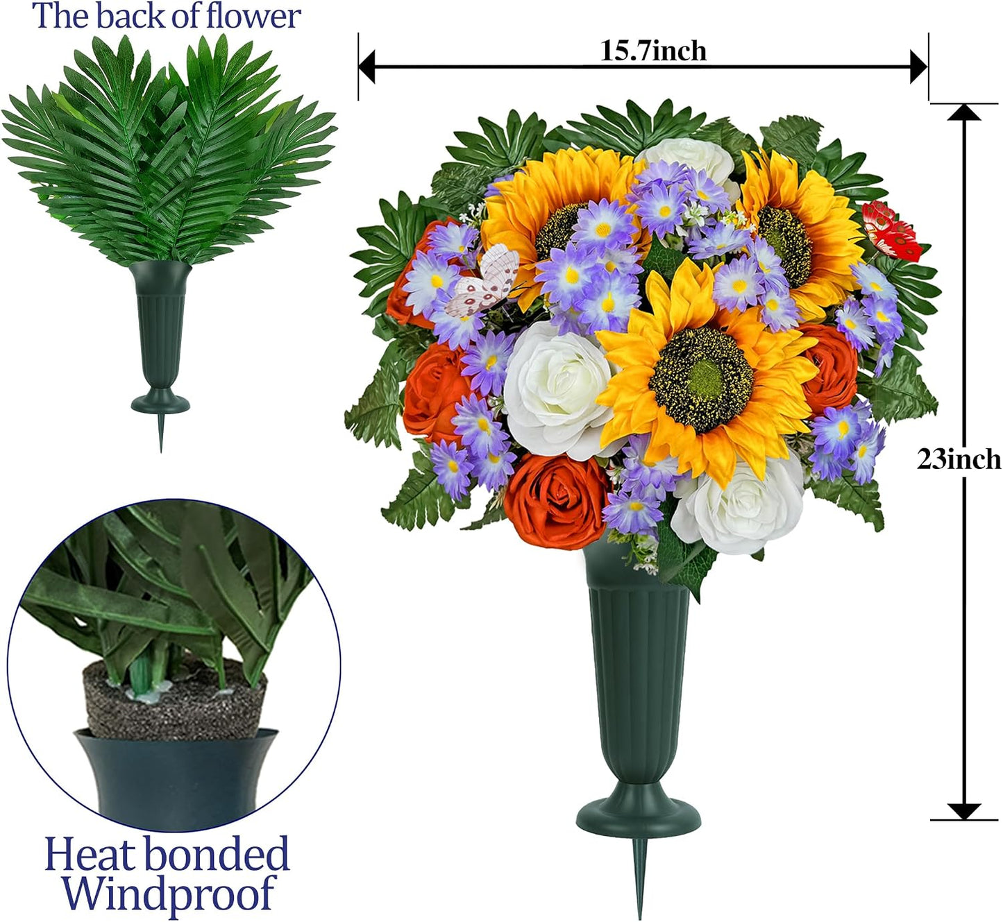 Artificial Cemetery Flowers for Grave,Memorial Flowers Bouquet with Vase for Headstones Decoration,Bright and Vibrant Sunflower Rose Daisy