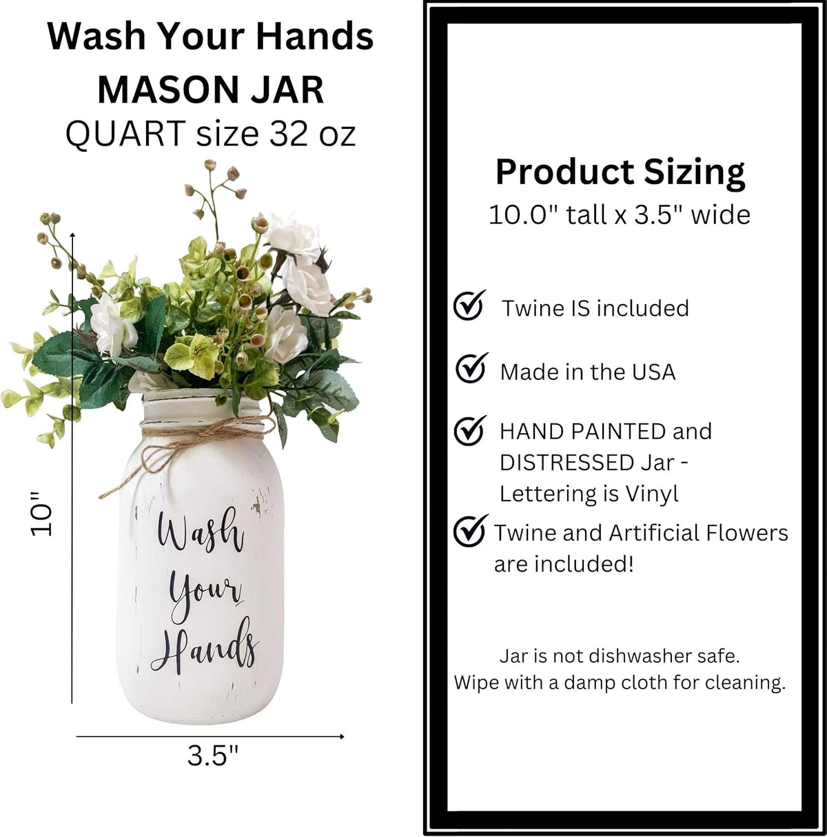 Viva's Flower Shop Wash Your Hands Decor for Bathroom | Quart 32 oz, 10" Height | Hand Painted and Distressed Mason Jar Decor with Artificial Flowers | Rustic Farmhouse Bathroom Decorations