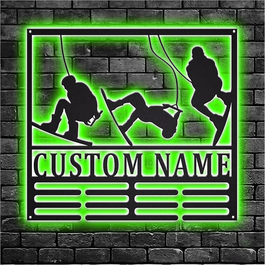 TIZE Metal Sign Custom Name-Custom Wakeboard Medal Holder LED Light, Personalized Wakeboard Player Name Medal Hanger, Wakeboard Medal Display Awards Sign, Wakeboard,16 color led light