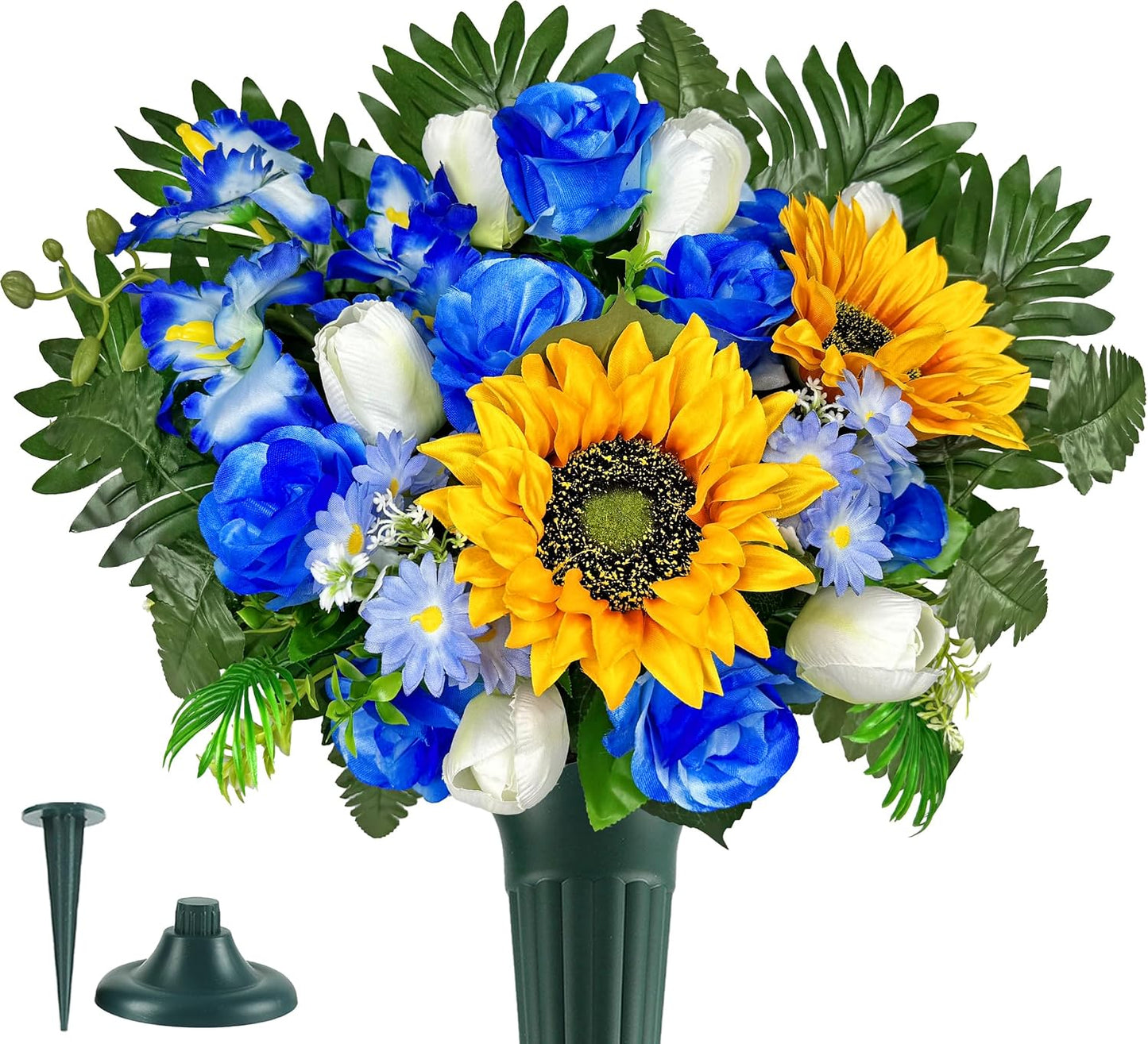 Artificial Cemetery Flowers – Vibrant Sunflower Tulip, Outdoor Grave Decorations - 1 Blue Gravesite Bouquet with Vase