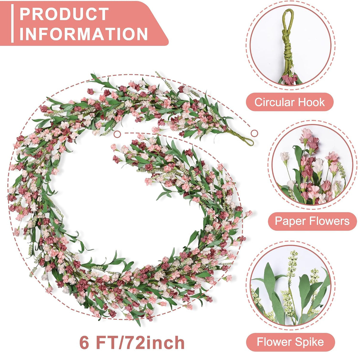 6ft Spring Summer Flower Garland, Artificial Floral Vine for Wall Backdrop Mantle Fireplace Stair Table Wedding Arch, All Season Home Door Porch Decor (Pink)
