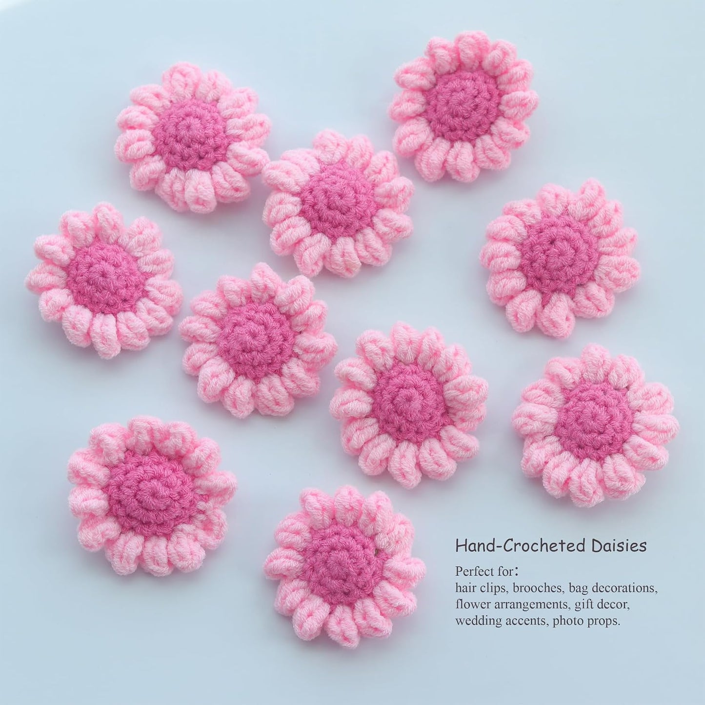 10 PCS Carmine Daisy Heads 2.16", Handmade Flatback for DIY Decor | Soft yarn material with handmade crochet look; flat back no stem; ideal for wreaths, sewing, cards, wedding & party decor