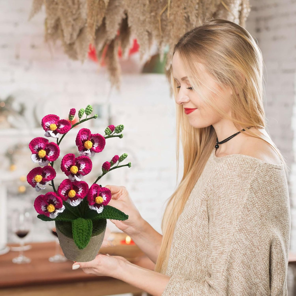 Crochet Moth Orchids Potted Plant, Handmade Knitted Artificial Butterfly Orchids for Home Office Indoor Outdoor Decor Mother's Day, Valentine's Day, Birthday Gift (Pink)