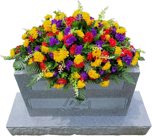 Cemetery Saddle Memorial Decoration - Realistic Silk Faux Floral Artificial Grave Flowers - Multicolor Red Yellow and Purple Mini Mums for Headstone Decorating