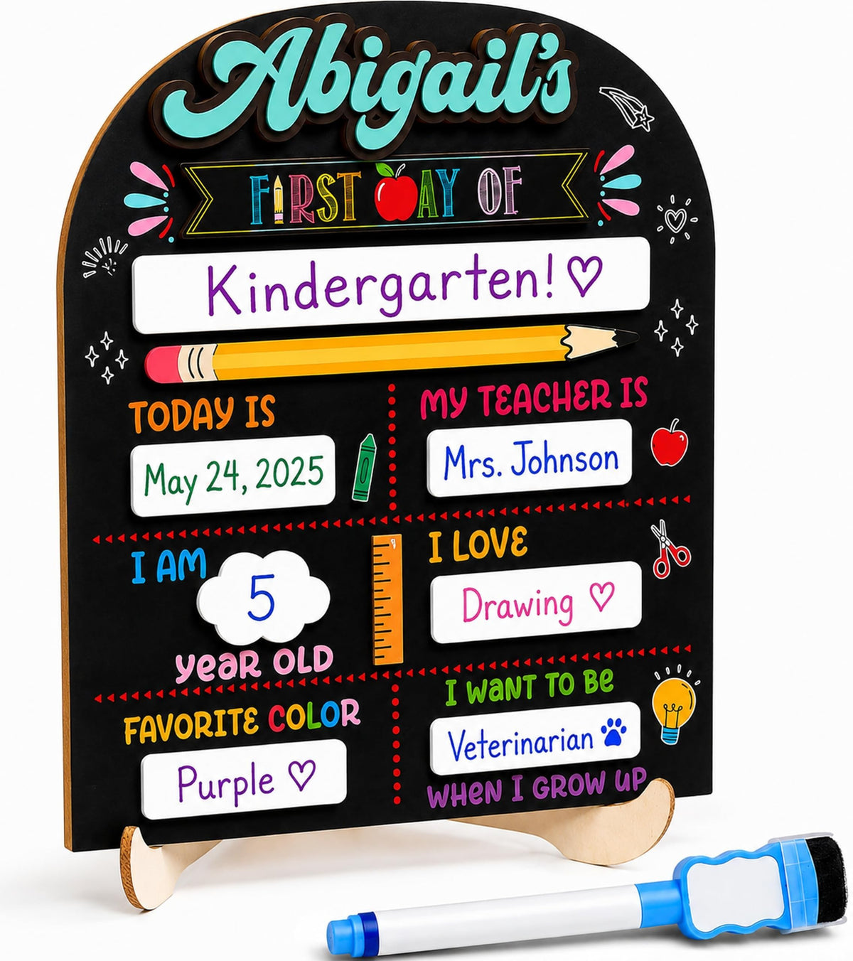 First & Last Day of School Board with Personalized Wood Name, Reusable Dry Erase School Sign for Preschool, Pre-K & Kindergarten, Back to School Keepsake Gift, Includes Marker (D19)