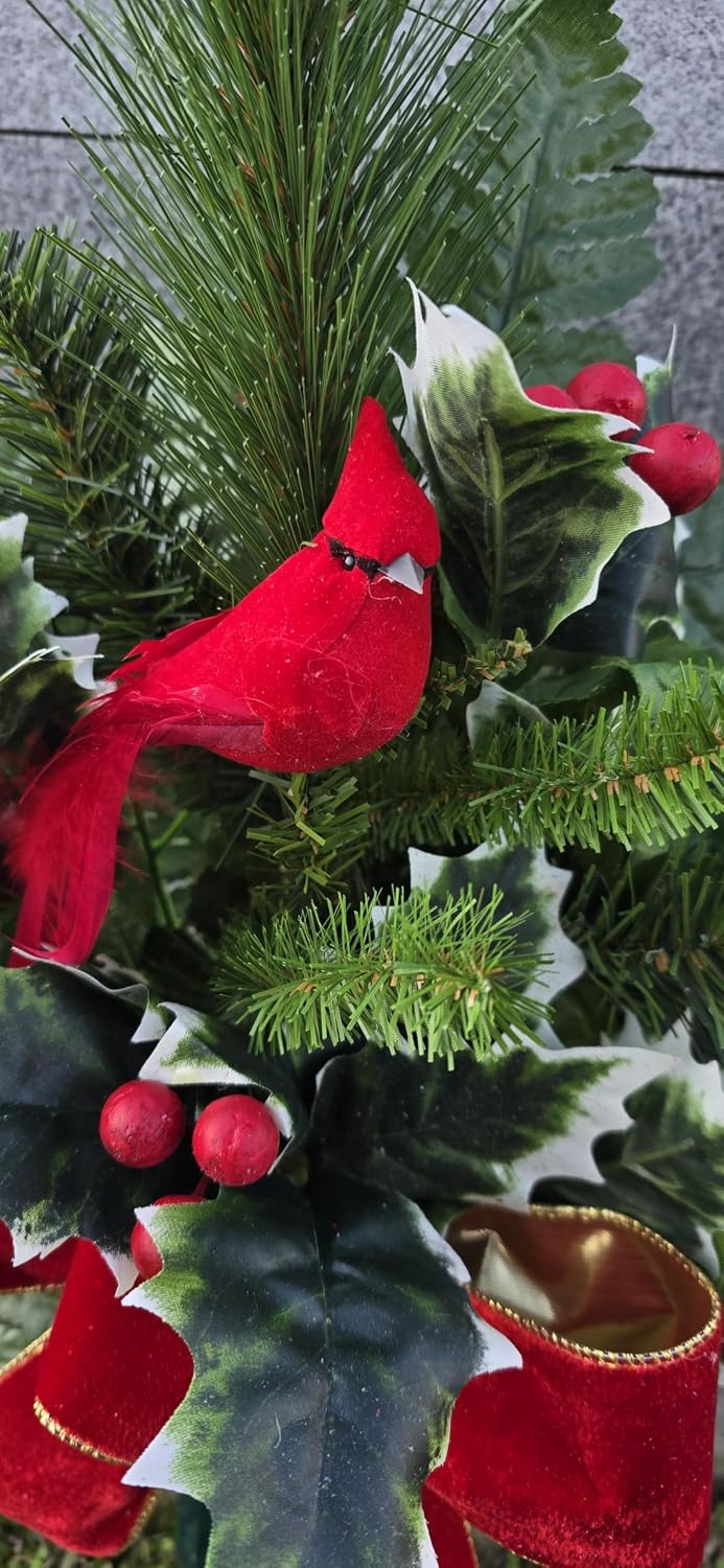 Cemetery Cone with Berries, Holly, and Pine - Christmas Memorial Decoration - Realistic Silk Faux Floral Artificial Grave Flowers -