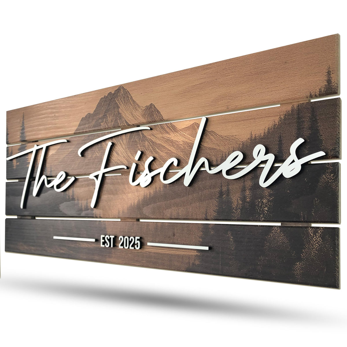 Custom Mountain Family Name Sign - Rustic Wood Wall Decor, Personalized Wedding & Gift for Couples Anniversary, Housewarming Gift for New Home 23x10" (Standard Size)