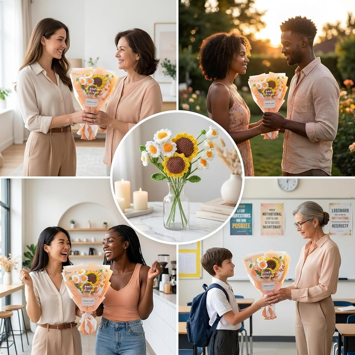 Handmade Crochet Sunflower Bouquet with White Daisy | 5 stems, 17.7x11.8 in; sunflowers, eucalyptus, white daisy; cotton yarn; handcrafted; gift wrapped