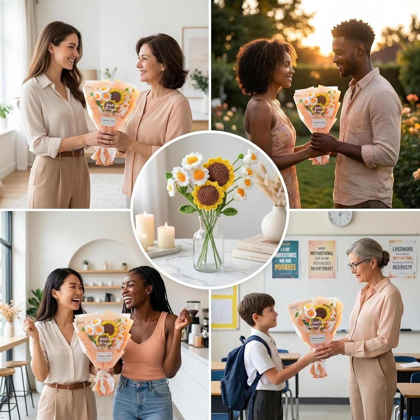 Handmade Crochet Sunflower Bouquet with White Daisy | 5 stems, 17.7x11.8 in; sunflowers, eucalyptus, white daisy; cotton yarn; handcrafted; gift wrapped