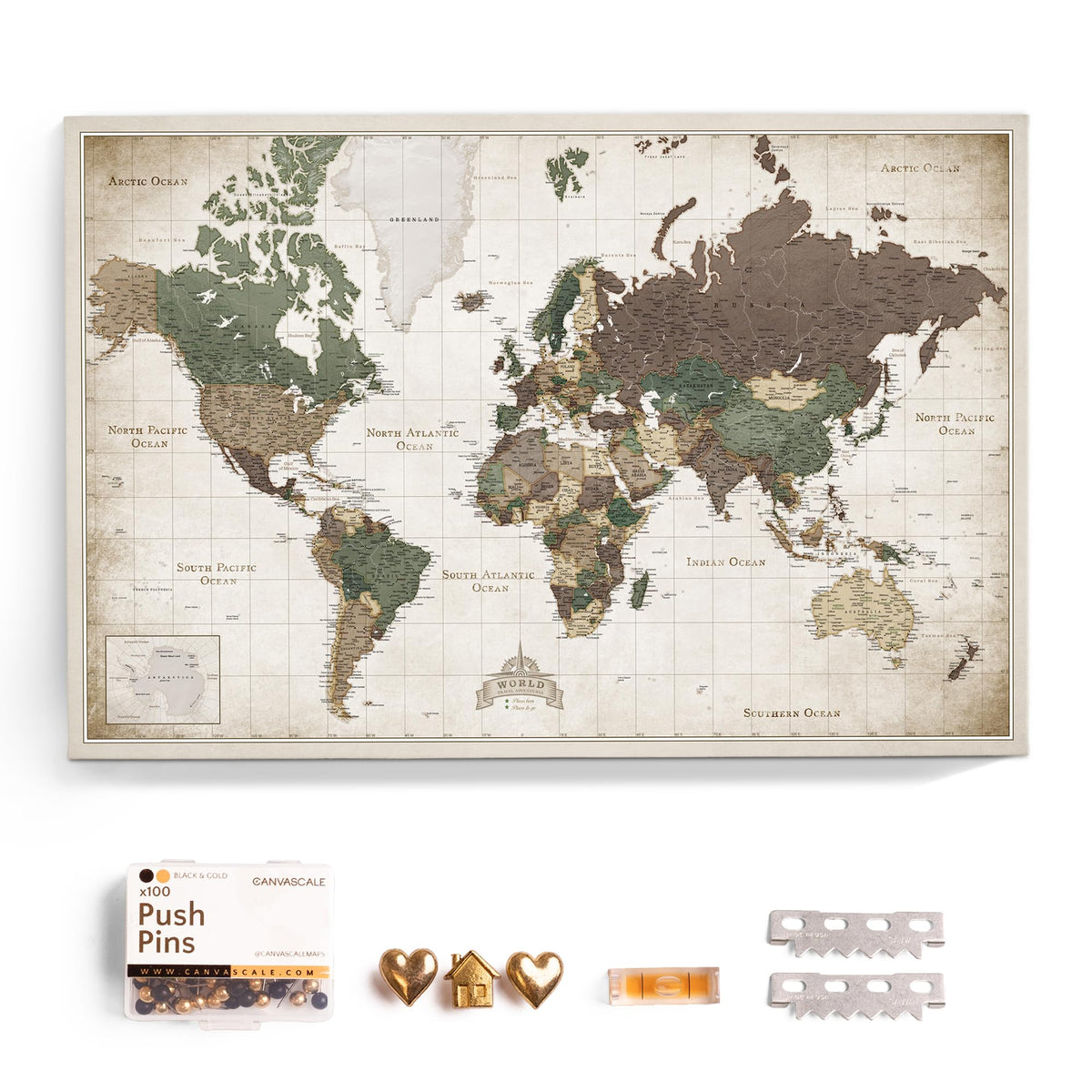 Canvas World Map with Cork Pin Board - English Lettering - Decorative Wall Decoration for All Rooms - Canvas Pictures with World Map Motif (70x50 cm, Pattern 20)