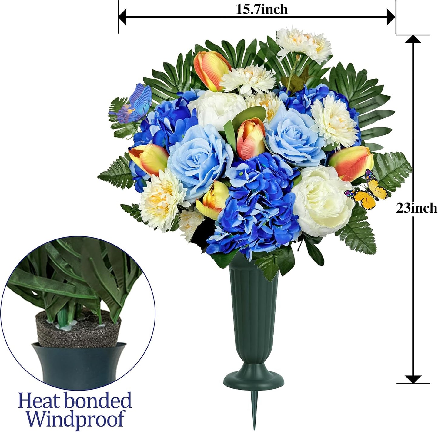 Artificial Cemetery Flowers for Grave,Memorial Flowers Bouquet with Vase for Headstones Decoration,Blue Rose Tulip Hydrangea