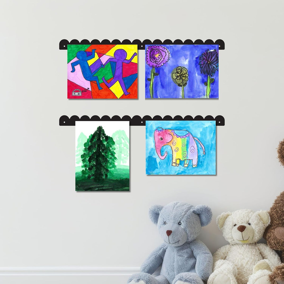 Scalloped Magnetic Art Display for Kids Artwork & Photos (Set of 2) – Kids Artwork Display for Wall – Magnetic Photo Display Strips with Push-Pin Magnets (Black, 23in)