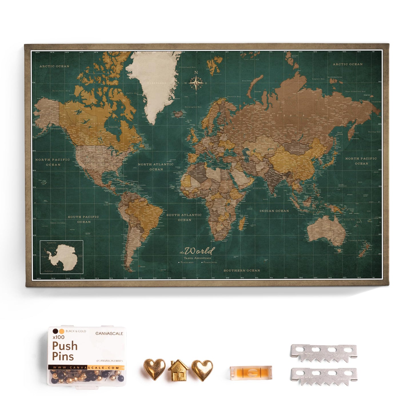 Canvas World Map with Cork Pin Board - English Lettering - Decorative Wall Decoration for All Rooms - Canvas Pictures with World Map Motif (70x50 cm, Pattern 20)